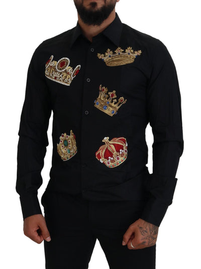 Dolce & Gabbana Schwarz-Gold-Krone Slim Fit Kleid Formales Hemd