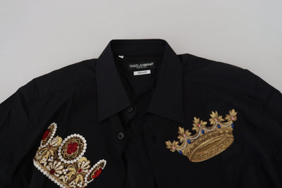 Dolce & Gabbana Schwarz-Gold-Krone Slim Fit Kleid Formales Hemd