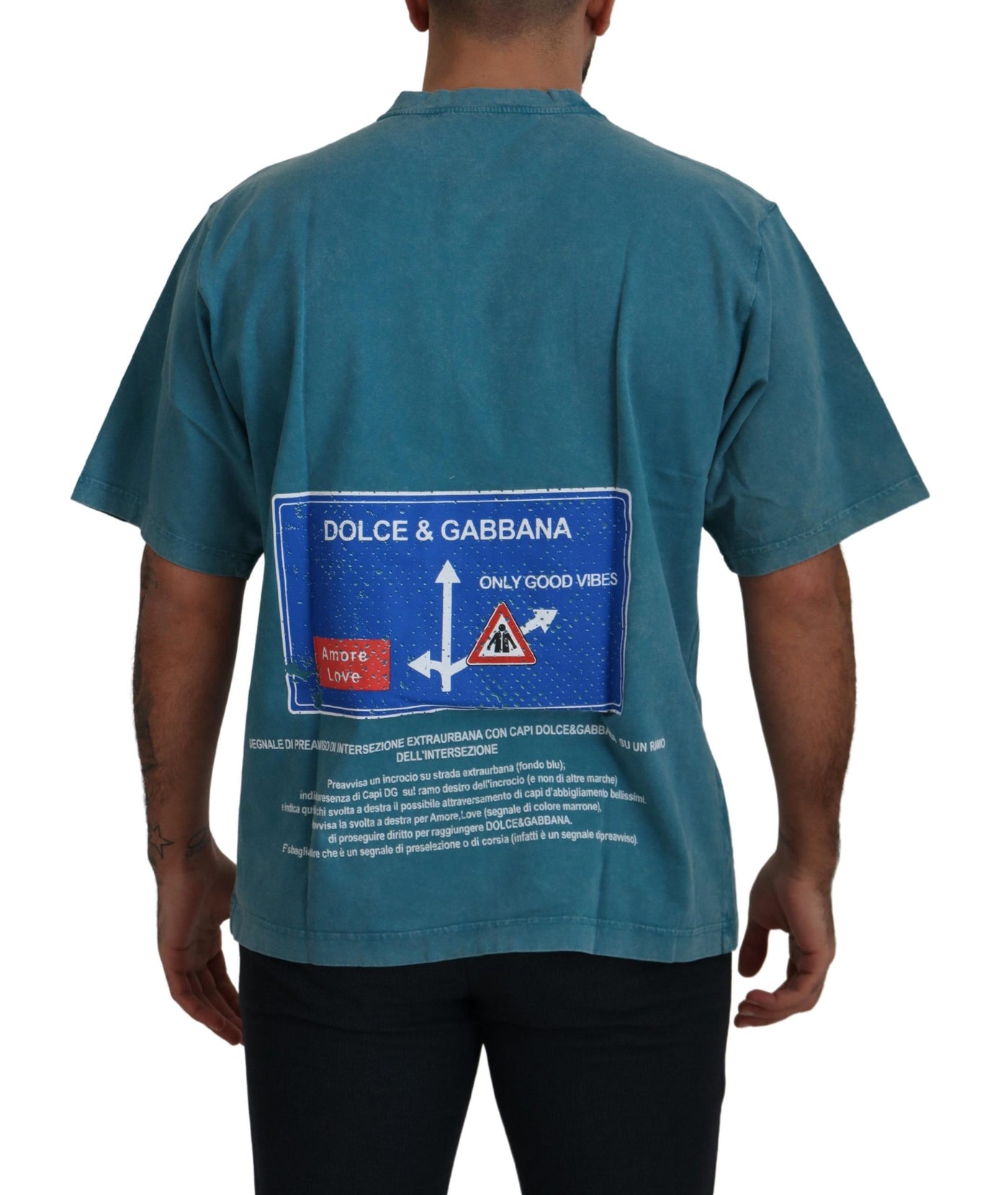 Dolce & Gabbana Blaues Baumwoll-T-Shirt mit Logodruck und Rundhalsausschnitt