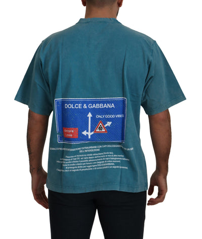Dolce & Gabbana Blaues Baumwoll-T-Shirt mit Logodruck und Rundhalsausschnitt