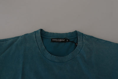 Dolce & Gabbana Blaues Baumwoll-T-Shirt mit Logodruck und Rundhalsausschnitt