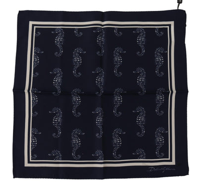 Dolce & Gabbana Blaues Seepferdchen DG Bedrucktes Quadratisches Taschentuch Schal