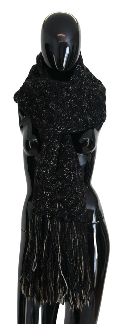 Dolce & Gabbana Schwarzer Wolle gestrickt Wrap Foulard Fransenschal