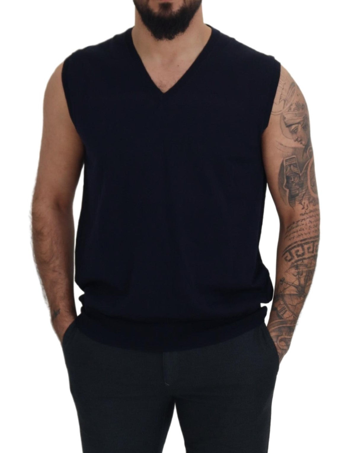 Paolo Pecora Milano Schwarzes ärmelloses Baumwoll-Tank-T-Shirt mit V-Ausschnitt