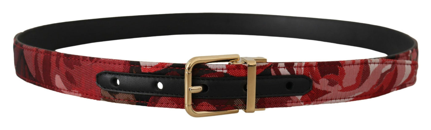 Dolce & Gabbana Roter Jacquard-Rosenledergürtel mit goldener Metallschnalle