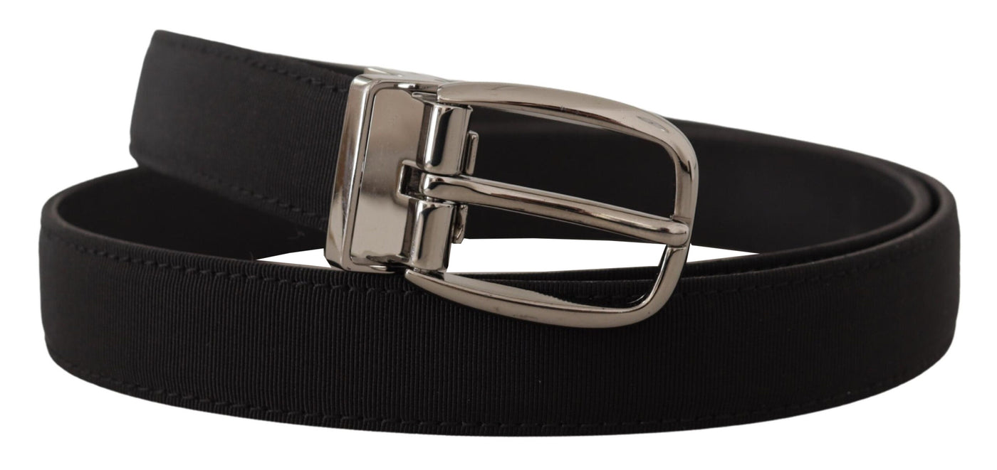 Dolce & Gabbana Schwarzer Grosgrain-Ledergürtel mit silberner Logoschnalle