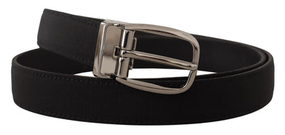 Dolce & Gabbana Schwarzer Grosgrain-Ledergürtel mit silberner Logoschnalle