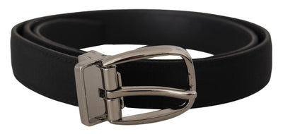 Dolce & Gabbana Schwarzer Grosgrain-Ledergürtel mit silberner Logoschnalle