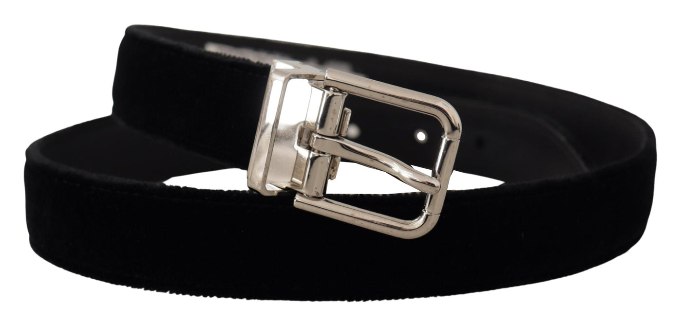 Dolce & Gabbana Schwarzer Samt Silberton Metall Logo Schnalle Gürtel