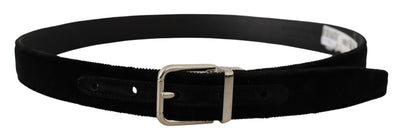 Dolce & Gabbana Schwarzer Samt Silberton Metall Logo Schnalle Gürtel