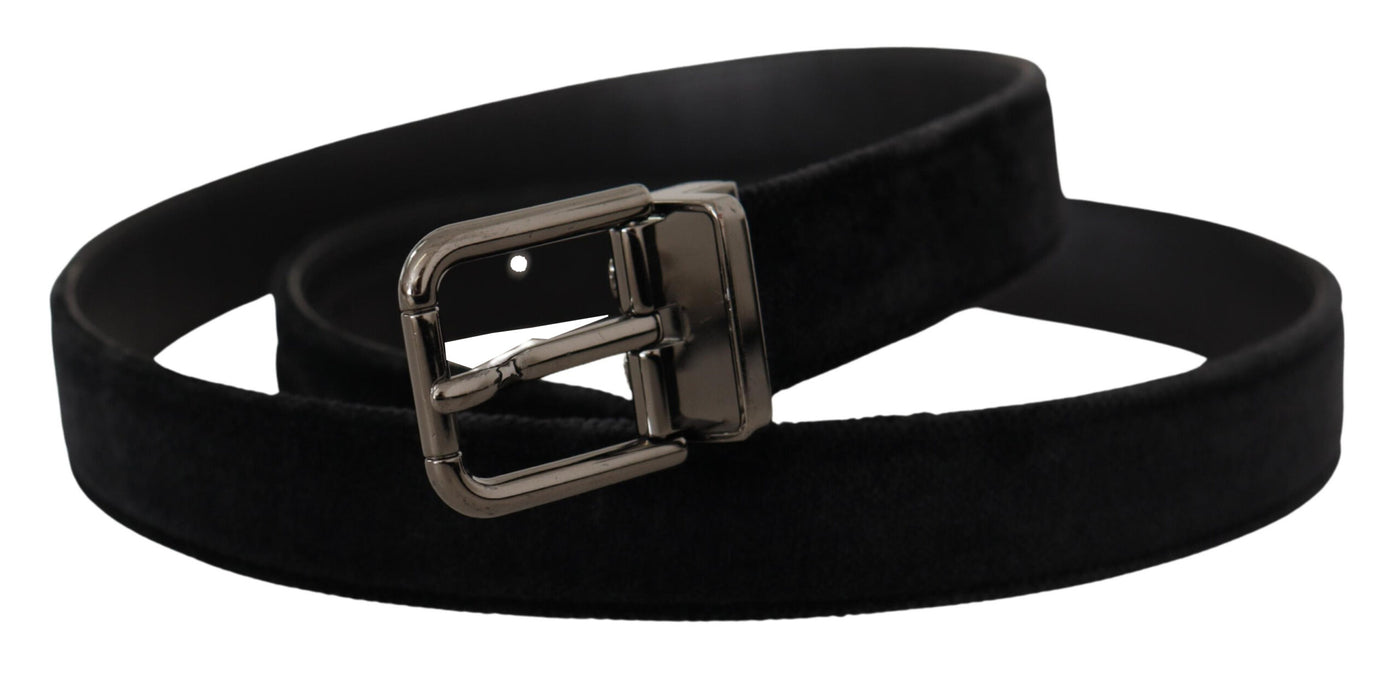 Dolce & Gabbana Schwarzer Samt Silberfarbenes Logo Metallschnalle Gürtel