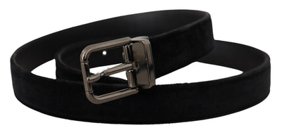 Dolce & Gabbana Schwarzer Samt Silberfarbenes Logo Metallschnalle Gürtel