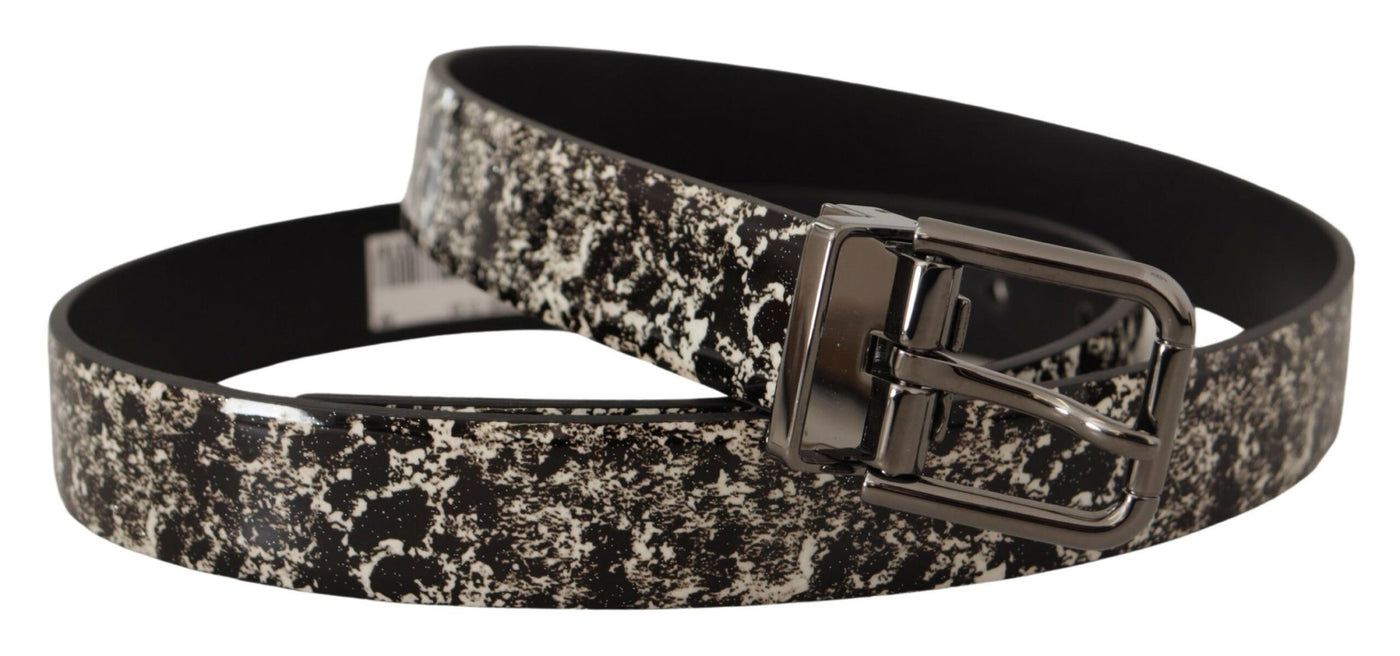 Dolce & Gabbana Schwarzer Marmorgürtel aus Leder mit grauem Logo