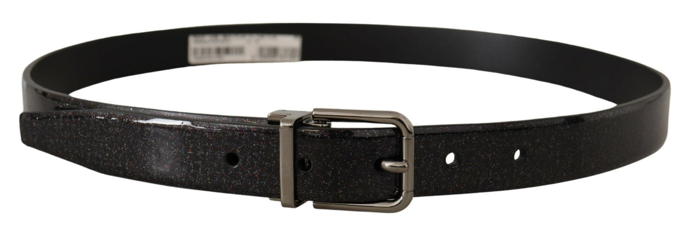 Dolce & Gabbana Schwarzer Vernice Puntinata Ledergürtel mit silberfarbenem Metall