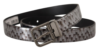 Dolce & Gabbana Grauer Fischgrätenleder-Gürtel mit 3D-Metallschnalle