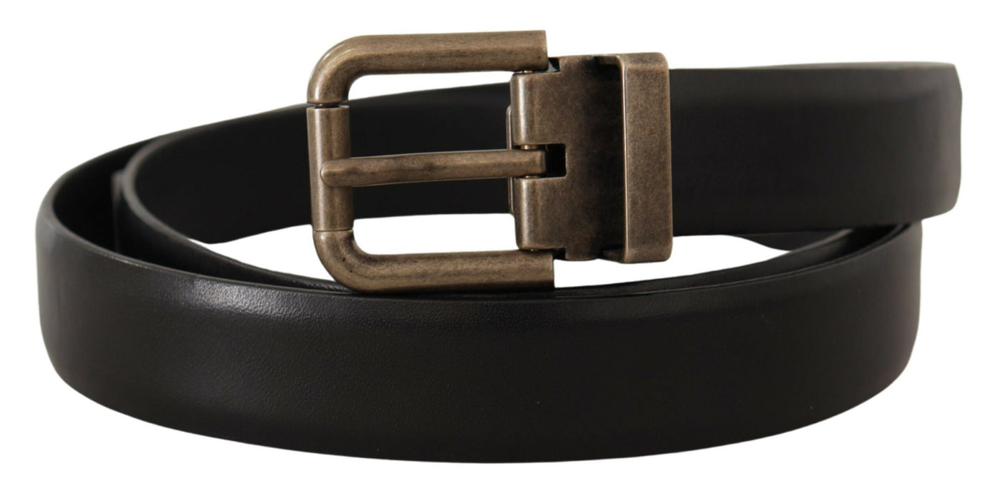 Dolce & Gabbana Schwarzes Kalbsleder gebürstetes Messing Box Buckle Gürtel