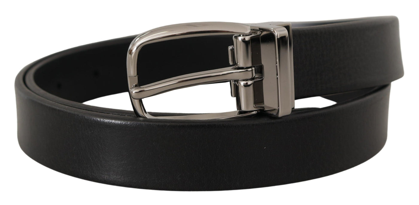 Dolce & Gabbana Schwarzes Leder Silber Chrom Metall Logo Schnalle Gürtel