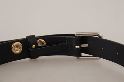 Dolce & Gabbana Schwarzer Leder Ösengürtel mit silberfarbener Metallschnalle