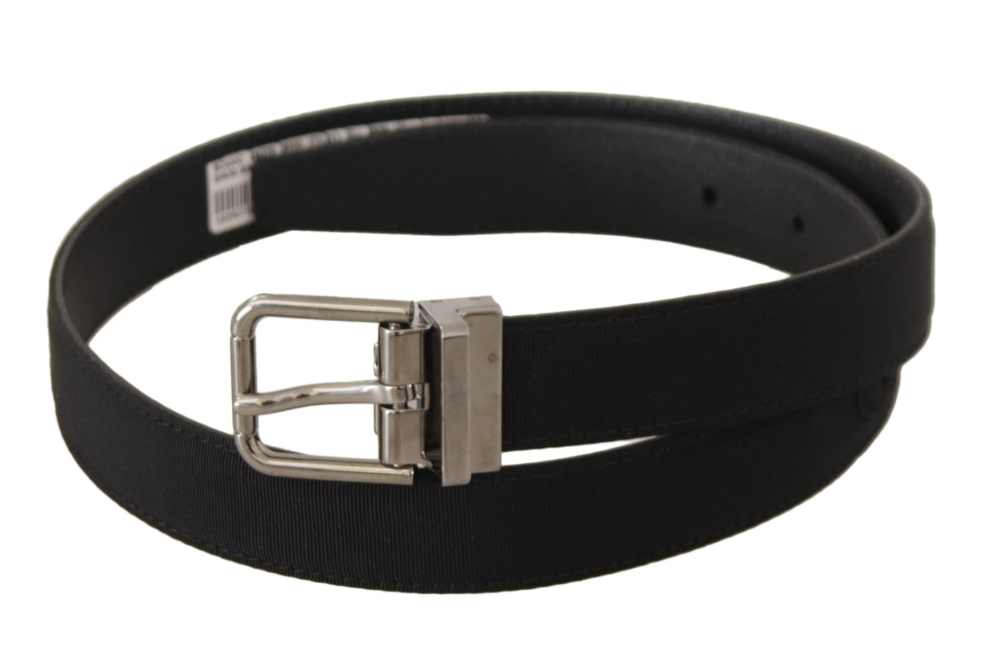 Dolce & Gabbana Schwarzer Canvas-Leder-Gürtel mit silberfarbener Metallschnalle