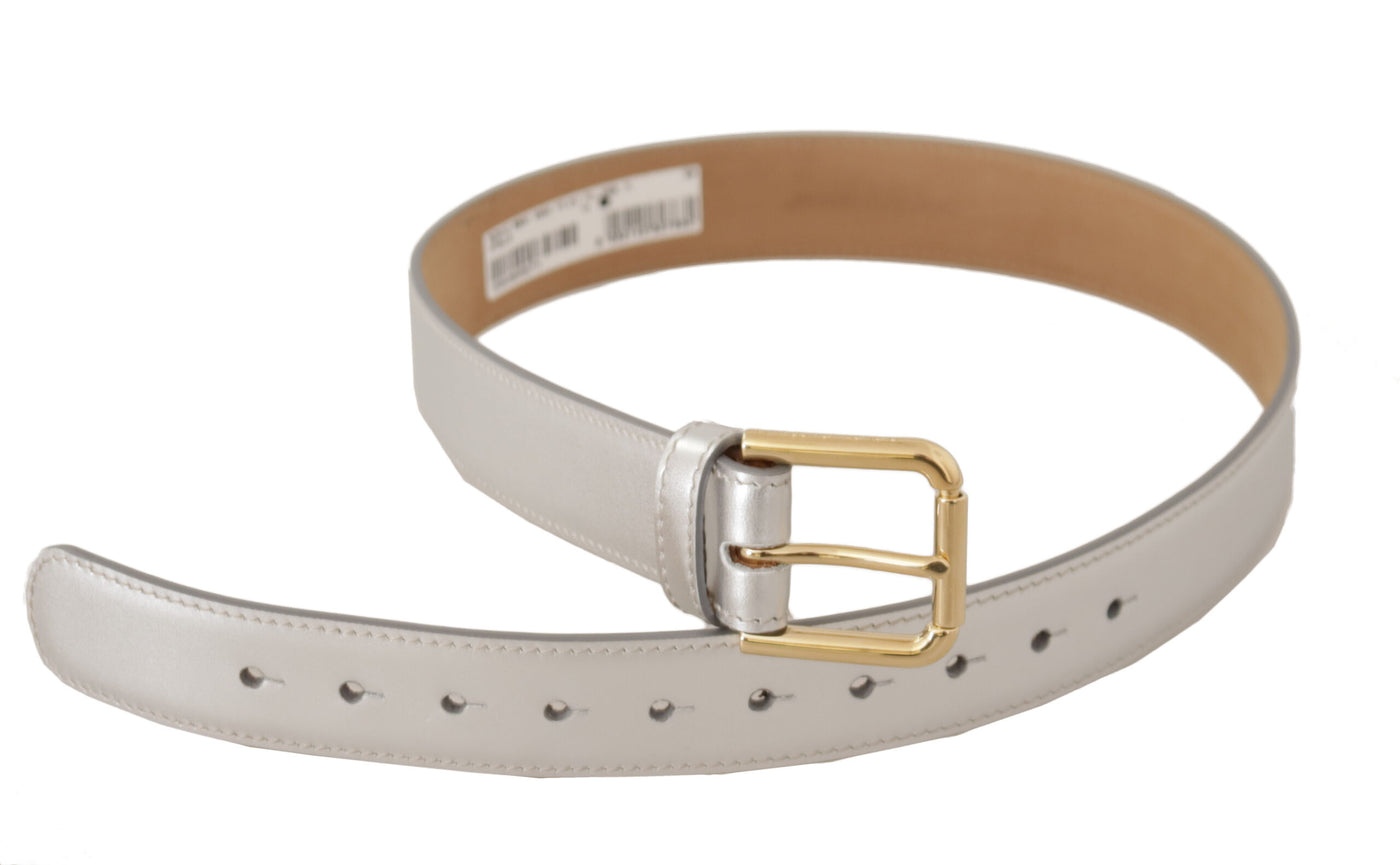 Dolce & Gabbana Silberner Ledergürtel mit goldfarbener Logo-Metallschnalle