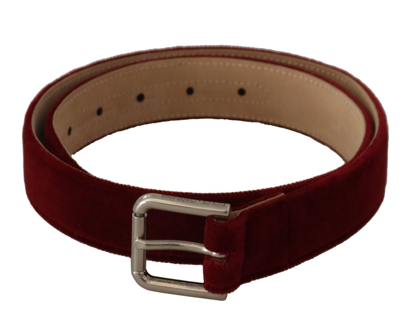Dolce & Gabbana Red Velvet Silber Logo gravierte Metallschnalle Gürtel