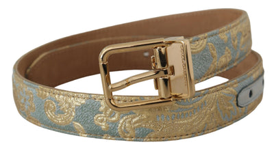 Dolce & Gabbana Blauer Leder-Jacquardgürtel mit geprägter goldener Metallschnalle