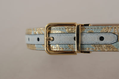 Dolce & Gabbana Blauer Leder-Jacquardgürtel mit geprägter goldener Metallschnalle