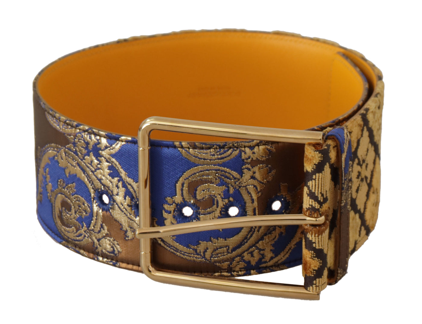 Dolce & Gabbana Blauer floraler Patchwork-Ledergürtel mit breiter Taille und Schnalle
