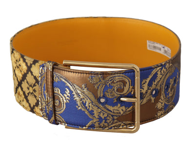 Dolce & Gabbana Blauer floraler Patchwork-Ledergürtel mit breiter Taille und Schnalle