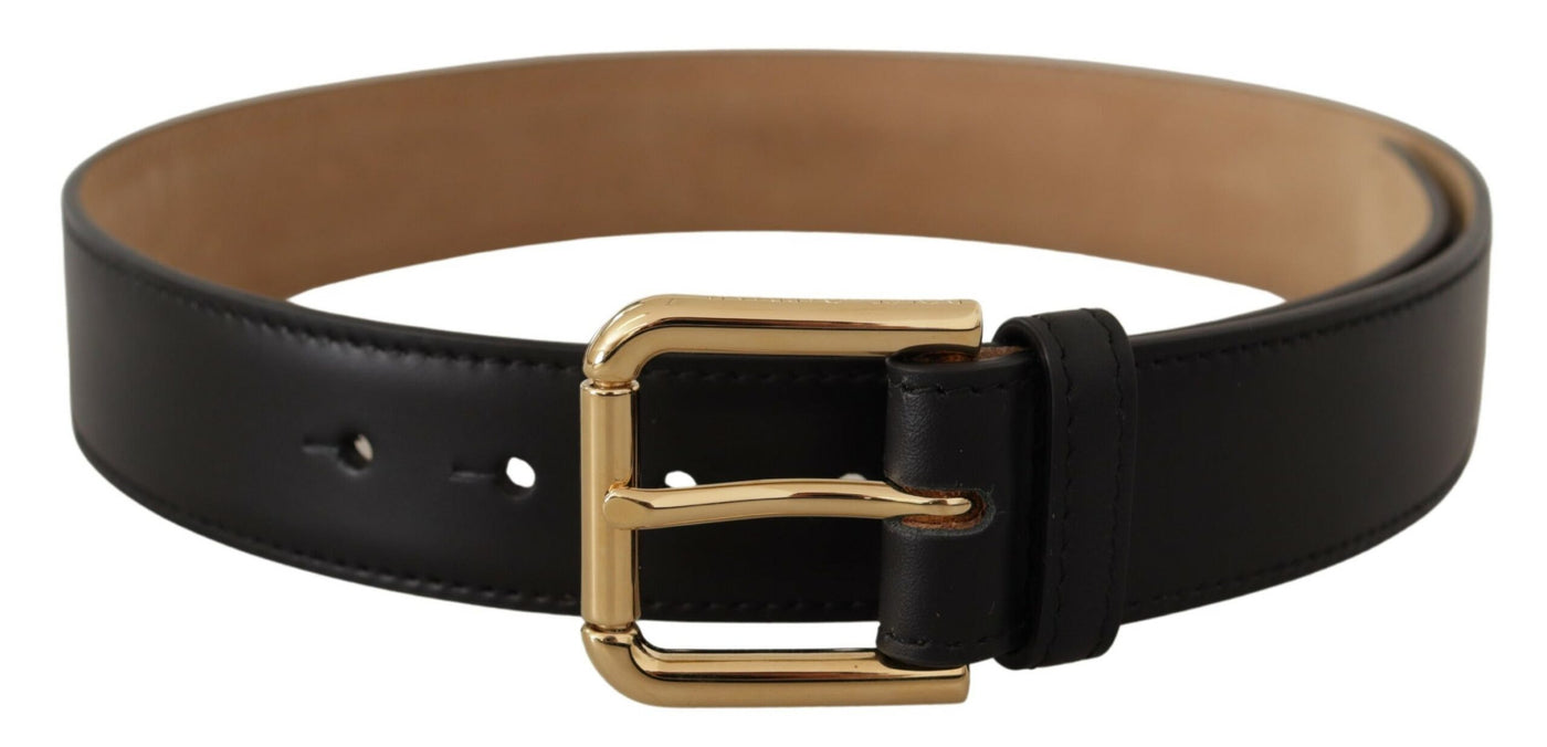 Dolce & Gabbana Schwarzes Massivleder Klassischer Gürtel mit goldener Taillenschnalle
