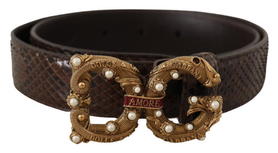 Dolce & Gabbana Brauner Amore Tierdruck Exotisches Leder Logo Schnalle Gürtel