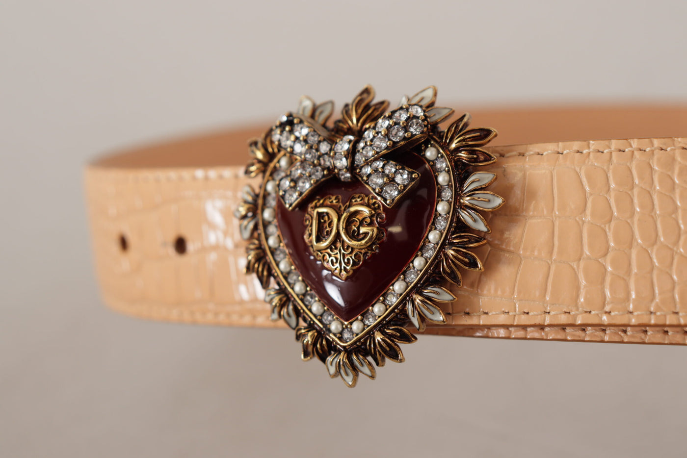 Dolce & Gabbana Beige Kroko-Muster DEVOTION Herz DG Gürtelschnalle