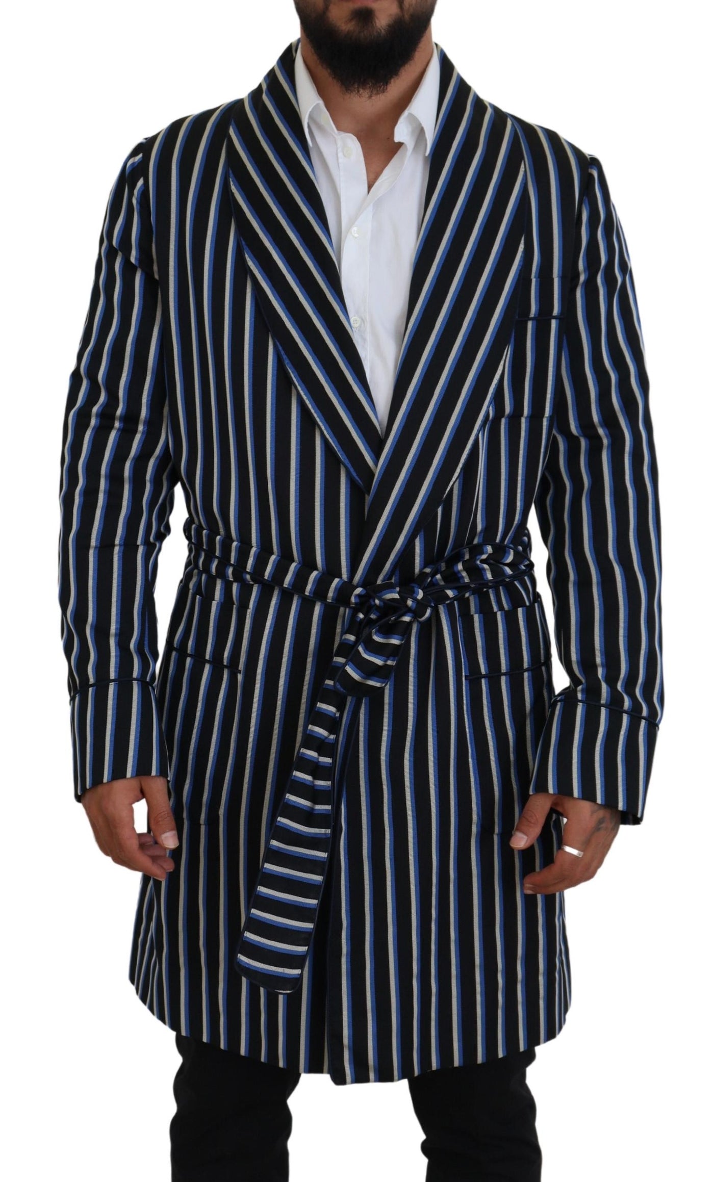 Dolce & Gabbana Schwarzblauer Martini-Bademantel mit bedrucktem Futter