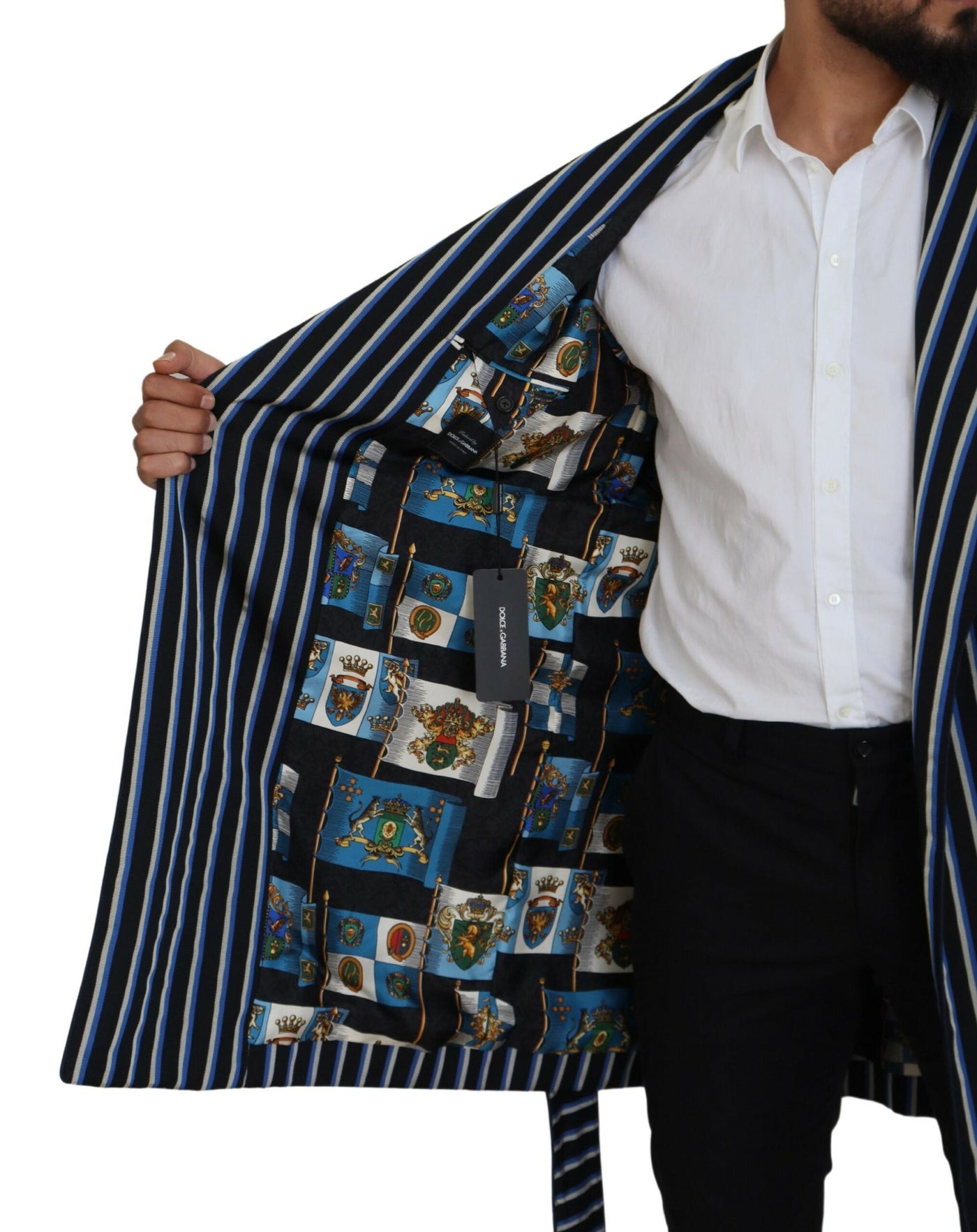Dolce & Gabbana Schwarzblauer Martini-Bademantel mit bedrucktem Futter
