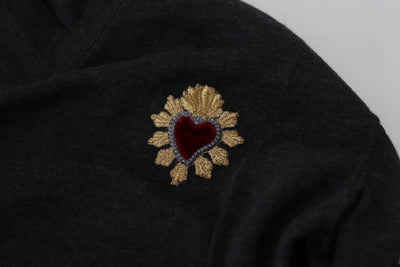 Dolce & Gabbana Grauer Kaschmirpullover mit V-Ausschnitt und goldenem Herz
