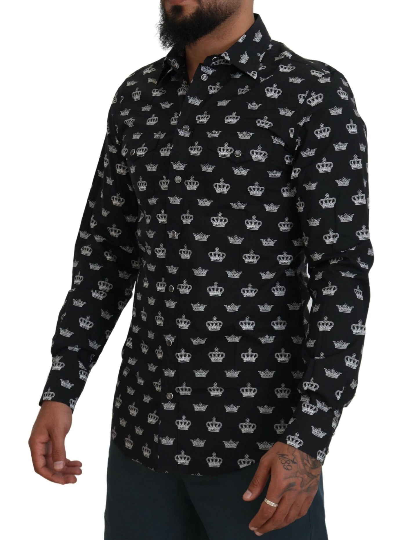 Dolce & Gabbana Schwarzes Crown Print GOLD Slim Hemd