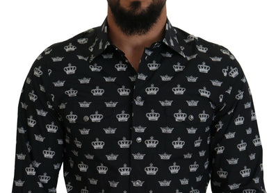 Dolce & Gabbana Schwarzes Crown Print GOLD Slim Hemd