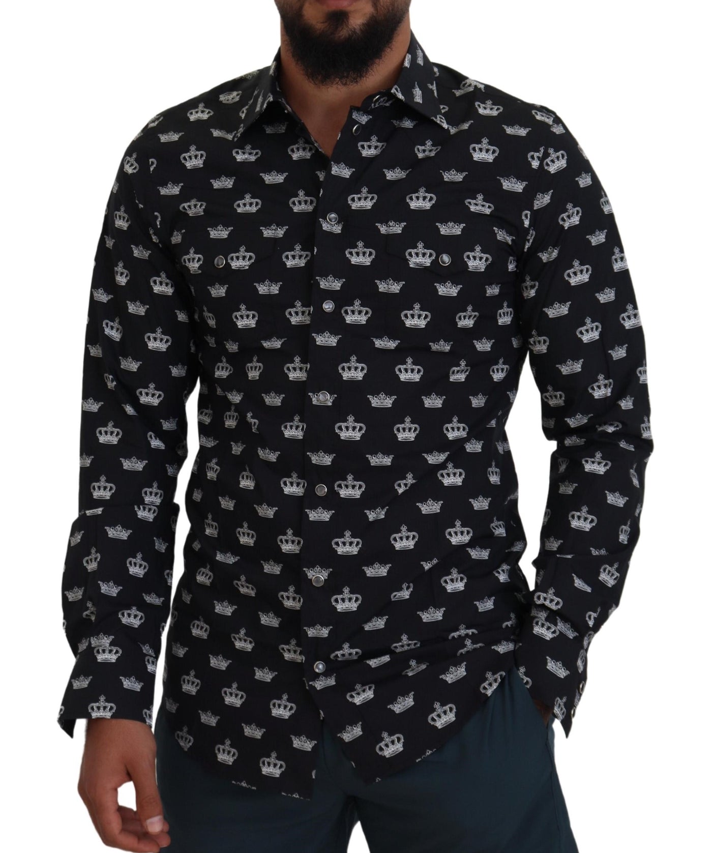 Dolce & Gabbana Schwarzes Crown Print GOLD Slim Hemd