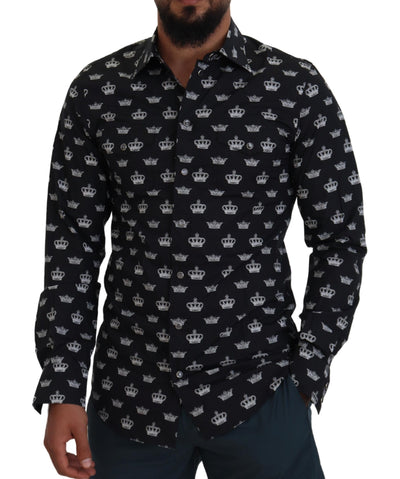 Dolce & Gabbana Schwarzes Crown Print GOLD Slim Hemd