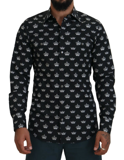 Dolce & Gabbana Schwarzes Crown Print GOLD Slim Hemd