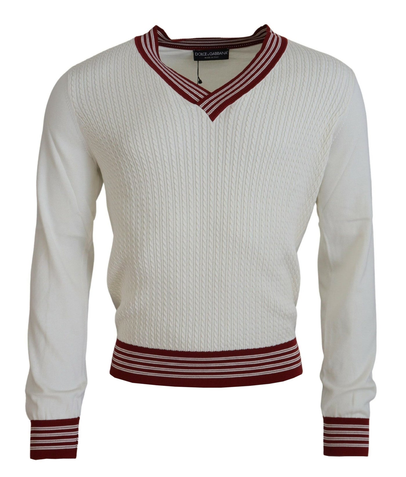 Dolce & Gabbana Weiß-Rot gestrickter Pullover mit V-Ausschnitt