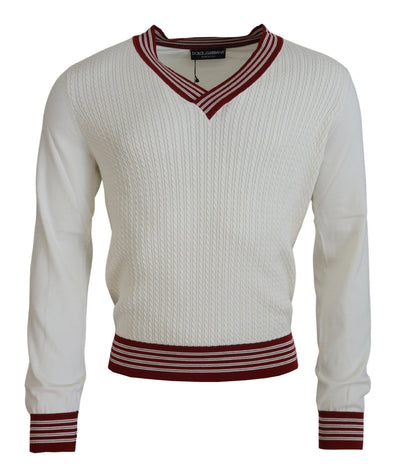 Dolce & Gabbana Weiß-Rot gestrickter Pullover mit V-Ausschnitt