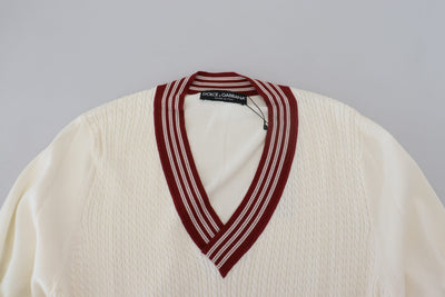 Dolce & Gabbana Weiß-Rot gestrickter Pullover mit V-Ausschnitt