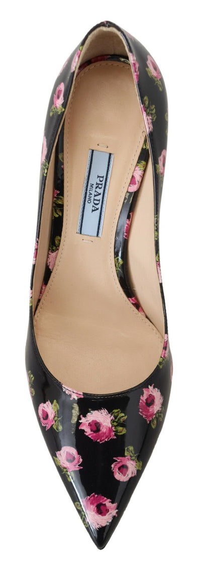 Prada Schwarzes Leder Floral Heels Stilettos Pumps