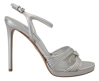 Prada Silberne Leder-Sandalen Knöchelriemen-Absätze Stiletto