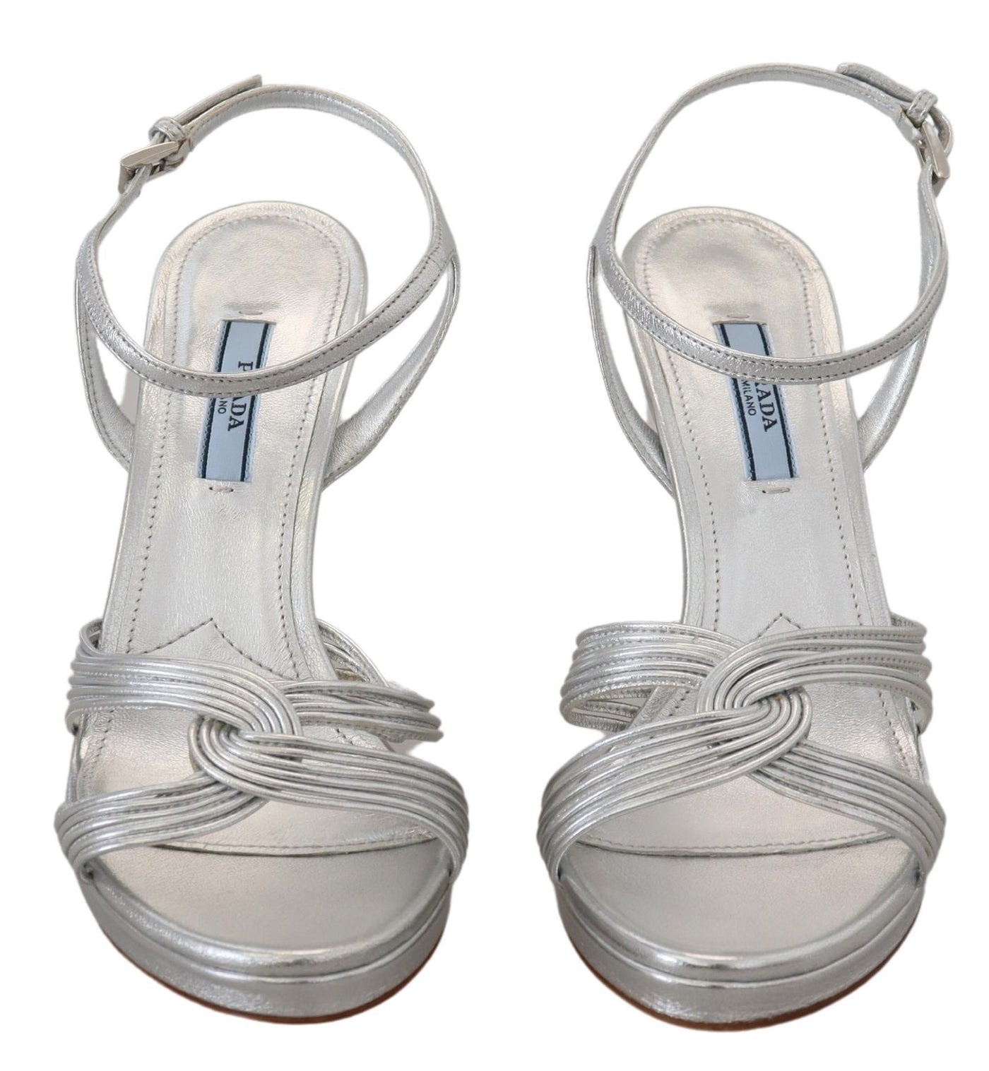 Prada Silberne Leder-Sandalen Knöchelriemen-Absätze Stiletto