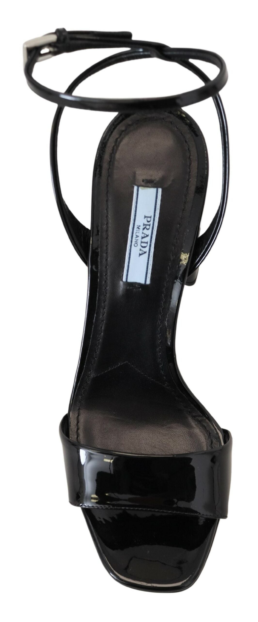 Prada Schwarze Lacksandalen Knöchelriemen Heels Leder