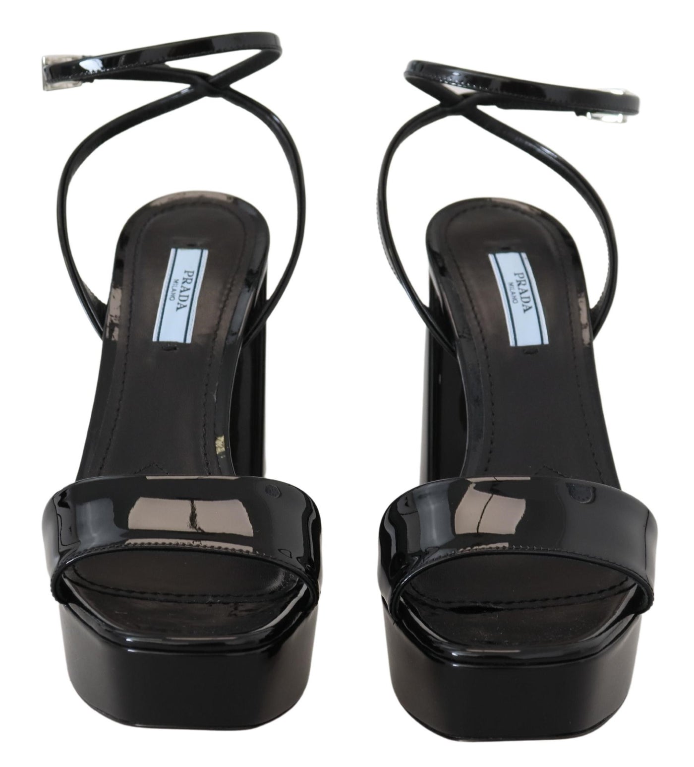 Prada Schwarze Lacksandalen Knöchelriemen Heels Leder