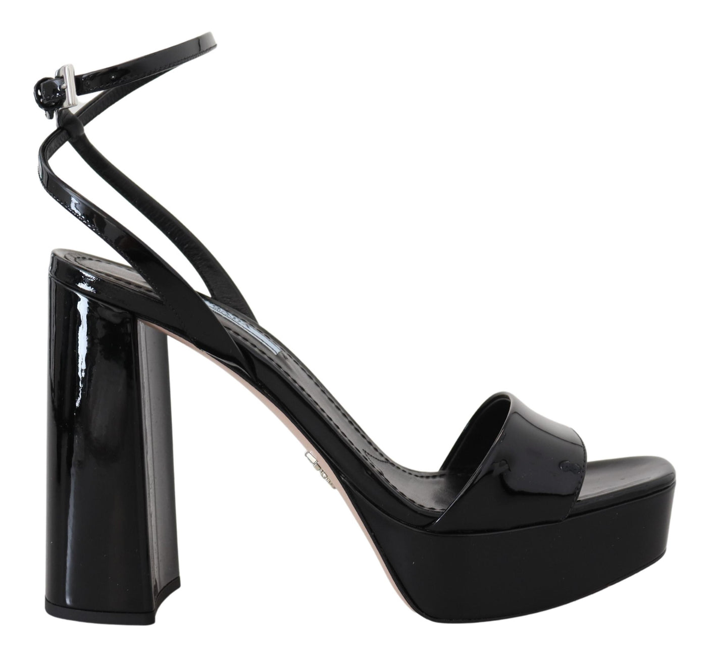 Prada Schwarze Lacksandalen Knöchelriemen Heels Leder