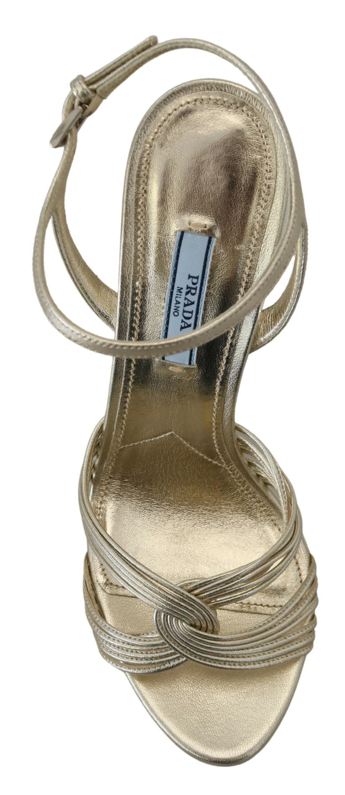 Prada Goldene Leder-Sandalen Knöchelriemen-Absätze Stiletto-Sandale